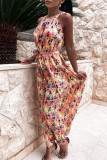 Fashion Bohemian Print Split Joint Halter Waist Skirt Dresses