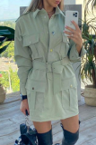 Fashion Solid Pocket With Belt Turndown Collar Dresses