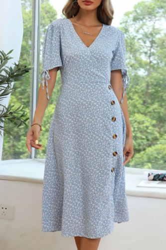 Fashion Elegant Floral Buckle Slit V Neck A Line Dresses