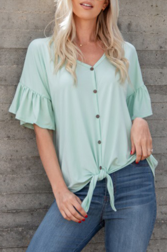 Casual Solid Buckle Strap Design V Neck Tops