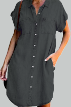 Fashion Street Solid Pocket Buckle Shirt Collar A Line Dresses
