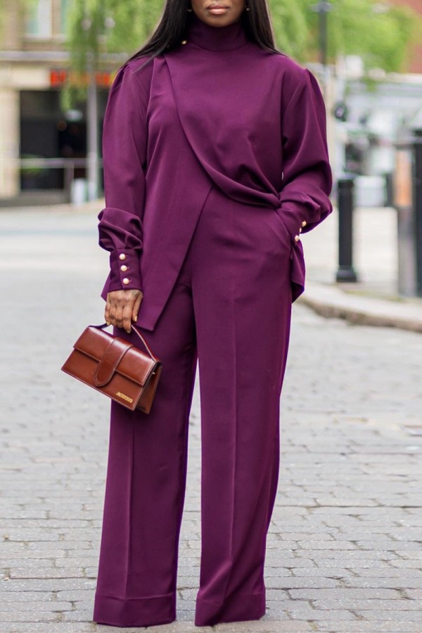 Casual Solid Patchwork Turtleneck Long Sleeve Two Pieces