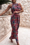 Fashion Bohemian Print Split Joint Halter Waist Skirt Dresses