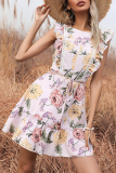 Fashion Elegant Floral Frenulum Flounce O Neck A Line Dresses