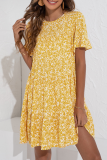 Elegant Floral Split Joint Flounce O Neck A Line Dresses