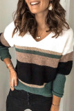 Casual Color Block Patchwork V Neck Tops