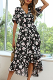 Fashion Elegant Floral Split Joint Flounce V Neck A Line Dresses