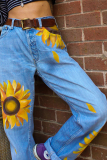 Casual Floral Make Old Basic Mid Waist Wide Leg Positioning Print Bottoms