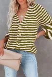 Casual Striped Patchwork Buckle V Neck Tops