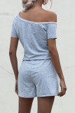 Fashion Casual Solid Draw String Oblique Collar Loose Rompers