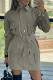 Fashion Solid Pocket With Belt Turndown Collar Dresses