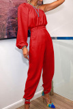 Fashion Street Solid Patchwork One Shoulder Jumpsuits