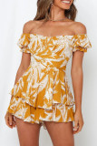 Fashion Street Print Patchwork Off the Shoulder Loose Rompers
