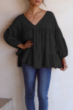 Casual Solid Split Joint V Neck Tops