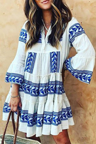 Fashion Casual Print Split Joint V Neck Cake Skirt Dresses