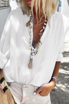 Casual Striped Solid Split Joint Turndown Collar Tops