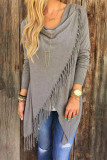 Wisherryy Solid Color Casual Fringe Long Sleeve T-Shirt