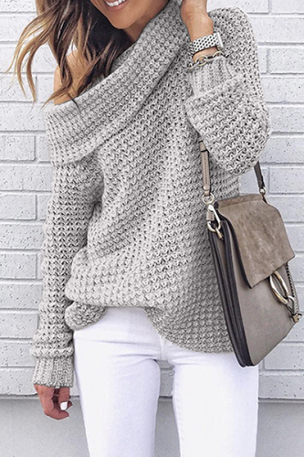 Casual Solid Patchwork Off the Shoulder Tops Sweater