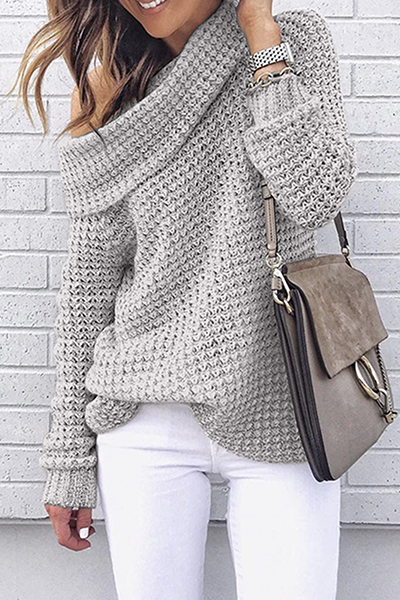 Casual Solid Patchwork Off the Shoulder Tops Sweater