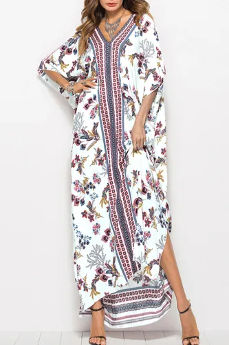 Bohemian Vacation Print Patchwork V Neck Beach Dress Dresses