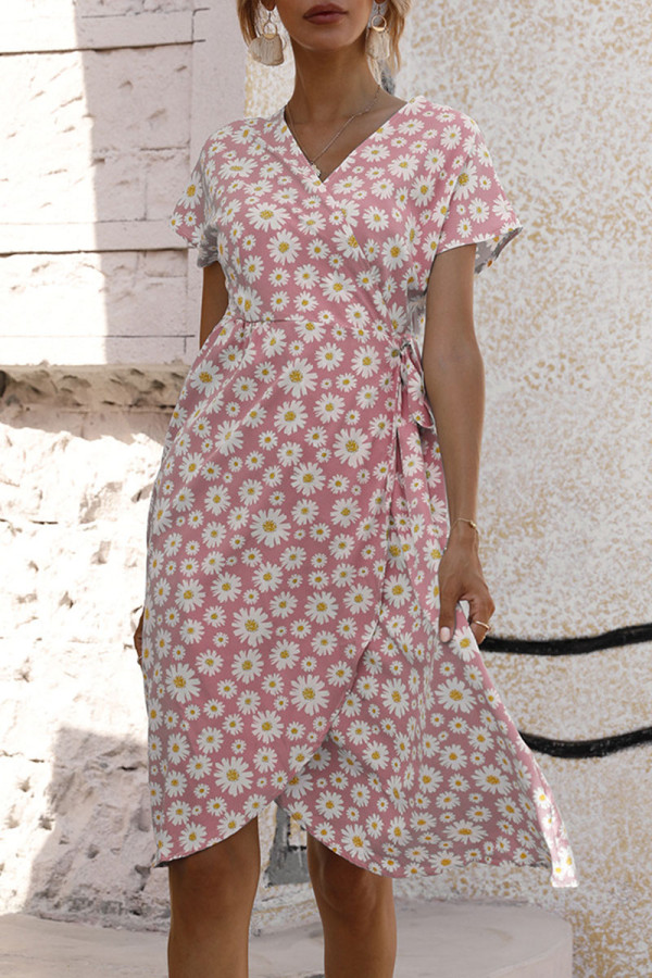Fashion Street Print Split Joint V Neck A Line Dresses