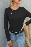 Street Solid Split Joint Buckle O Neck Tops