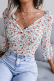 Fashion Elegant Floral Split Joint Fold V Neck Tops