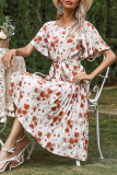 Elegant Floral Frenulum Fold O Neck A Line Dresses