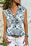 Fashion Casual Print Split Joint Turndown Collar Tops
