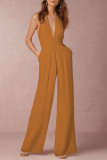 Sexy Elegant Solid Backless Fold V Neck Regular Jumpsuits