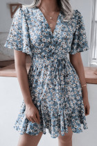 Fashion Casual Print Split Joint V Neck Waist Skirt Dresses