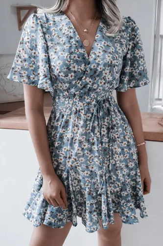 Fashion Casual Print Split Joint V Neck Waist Skirt Dresses