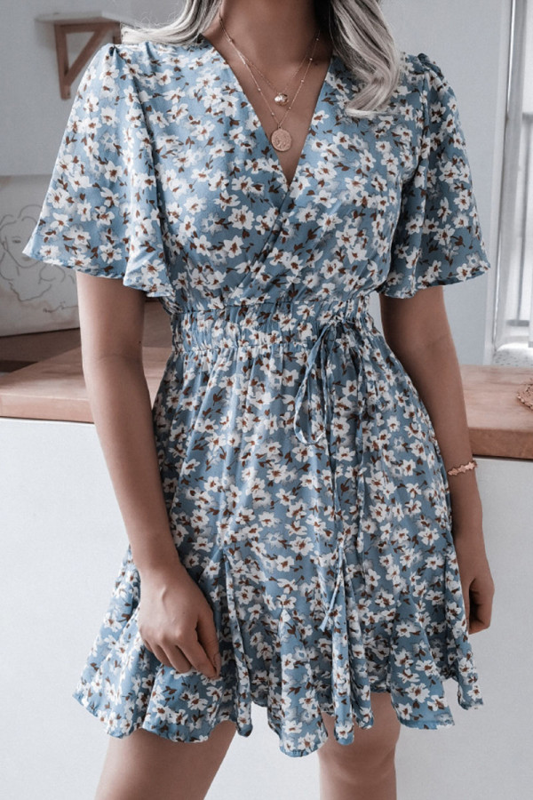Fashion Casual Print Split Joint V Neck Waist Skirt Dresses