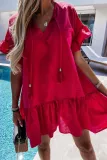 Fashion Sweet Solid Tassel Split Joint Flounce V Neck A Line Dresses