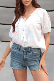 Casual Floral Frenulum Buckle V Neck T-Shirts