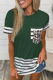 Casual Striped Leopard Patchwork Pocket T-Shirts