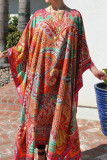 Fashion Vintage Print Split Joint O Neck Printed Dresses