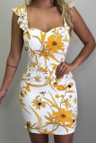 Fashion Street Print Split Joint Spaghetti Strap Wrapped Skirt Dresses