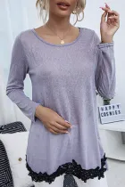 Casual Patchwork Lace Contrast O Neck Tops