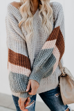 Casual Striped Patchwork Contrast V Neck Tops Sweater