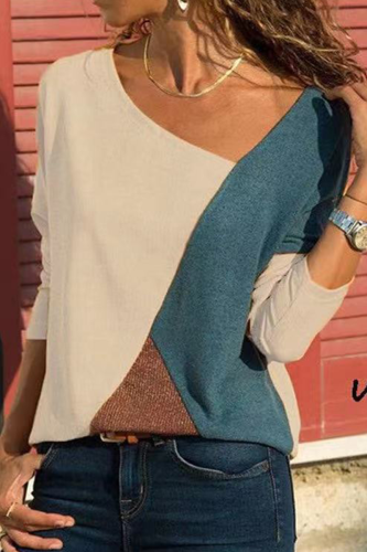 Casual Color Block Solid Color V Neck Tops(4 Colors)