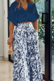 Fashion Print Patchwork V Neck Short Sleeve Two Pieces