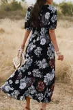 Bohemian Vacation Floral Patchwork Slit V Neck Waist Skirt Dresses