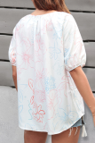 Casual Floral Frenulum Buckle V Neck T-Shirts
