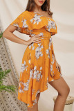 Fashion Street Print Split Joint One Shoulder Irregular Dresses