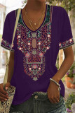 Casual College Geometric Print Patchwork V Neck T-Shirts