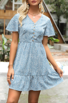 Elegant Floral Buckle Flounce V Neck A Line Dresses