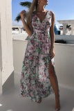 Fashion Elegant Floral Split Joint Slit V Neck A Line Dresses
