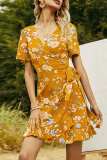 Elegant Floral Frenulum Flounce V Neck A Line Dresses