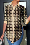 Khaki Casual Print Patchwork Buckle Turndown Collar Tops